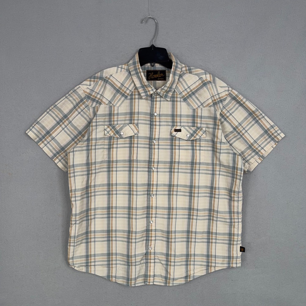 Howler Brothers Shirt Men XL Beige Plaid Western Snap Outdoor Gaucho